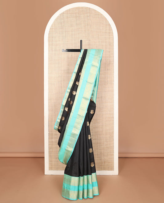 Black vasundhara elite silk saree with zari buttas, contrast intricate pallu & rettai pettu border of muthu,neli & mayil designs