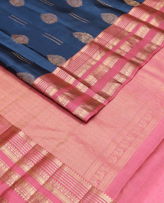 Blue zari buttas Vasundhara silk mix saree, contarst traditional design rettai pettu zari border & jaal pallu