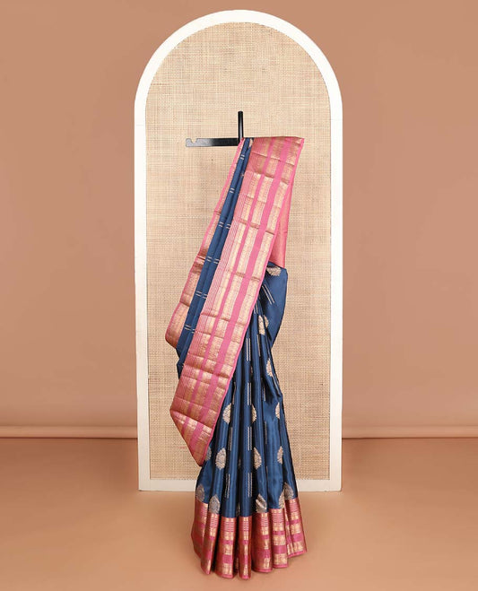 Blue zari buttas Vasundhara silk mix saree, contarst traditional design rettai pettu zari border & jaal pallu