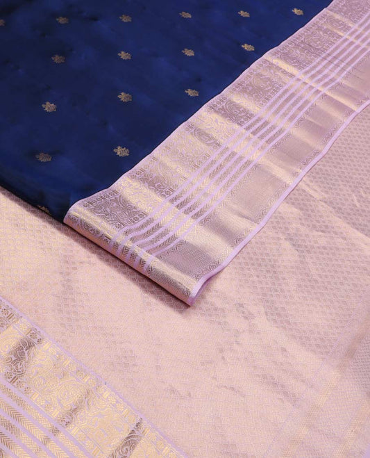 Blue zari buttas Vasundhara silk mix saree, contrast border of kamalam, kodi yaanai, kuthirai, kathir, and zari designs, and jaal pallu