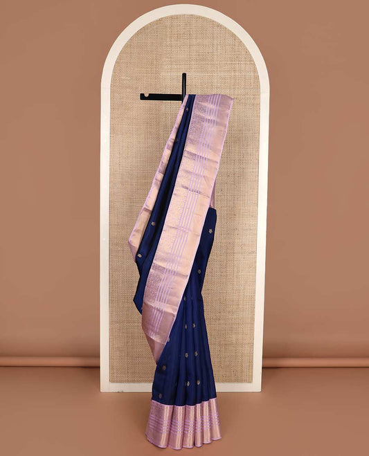 Blue zari buttas Vasundhara silk mix saree, contrast border of kamalam, kodi yaanai, kuthirai, kathir, and zari designs, and jaal pallu