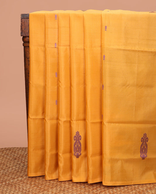 Borderless Yellow Banana Pith Saree, Vibrantly Designed with Buttas All Over Its Body, Complemented by a Contrast Pallu of Buttas, and Paired with a Contrast Blouse