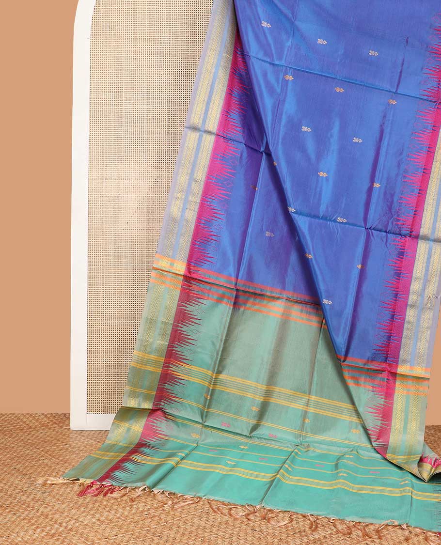 Blue motifs banana pith saree with contrast rettai pettu border & striped, floral design pallu
