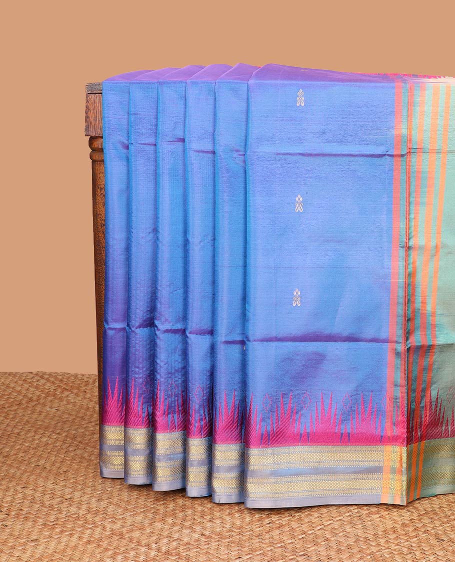 Blue motifs banana pith saree with contrast rettai pettu border & striped, floral design pallu