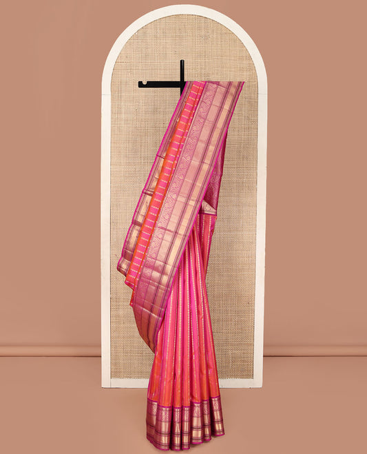 Pink Vasundhara Silk Saree, Beautified with Zari Designs on Its Body, Complemented by a Contrast Border of Kodi Visiry, Vanki, Mayil Kann, and Jada Nagam Designs, Grand Jaal Pallu, and Paired with a Contrast Blouse
