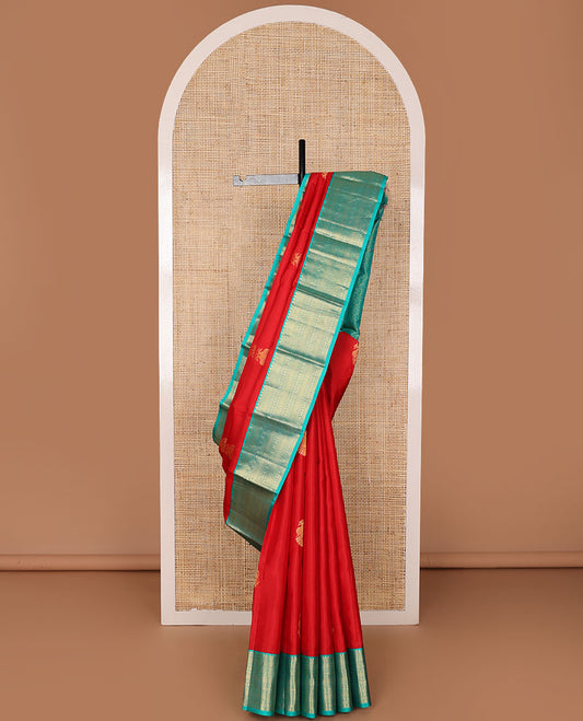 Red zari buttas silk saree, contrast jaal pallu & border of thilakam mokku, neli, then kuli kann & rudraksham designs