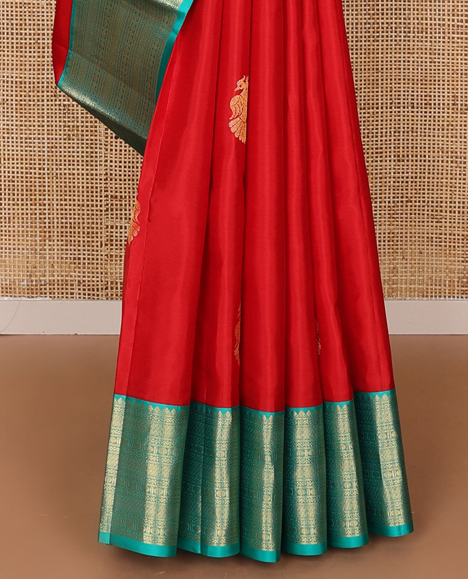 Red zari buttas silk saree, contrast jaal pallu & border of thilakam mokku, neli, then kuli kann & rudraksham designs