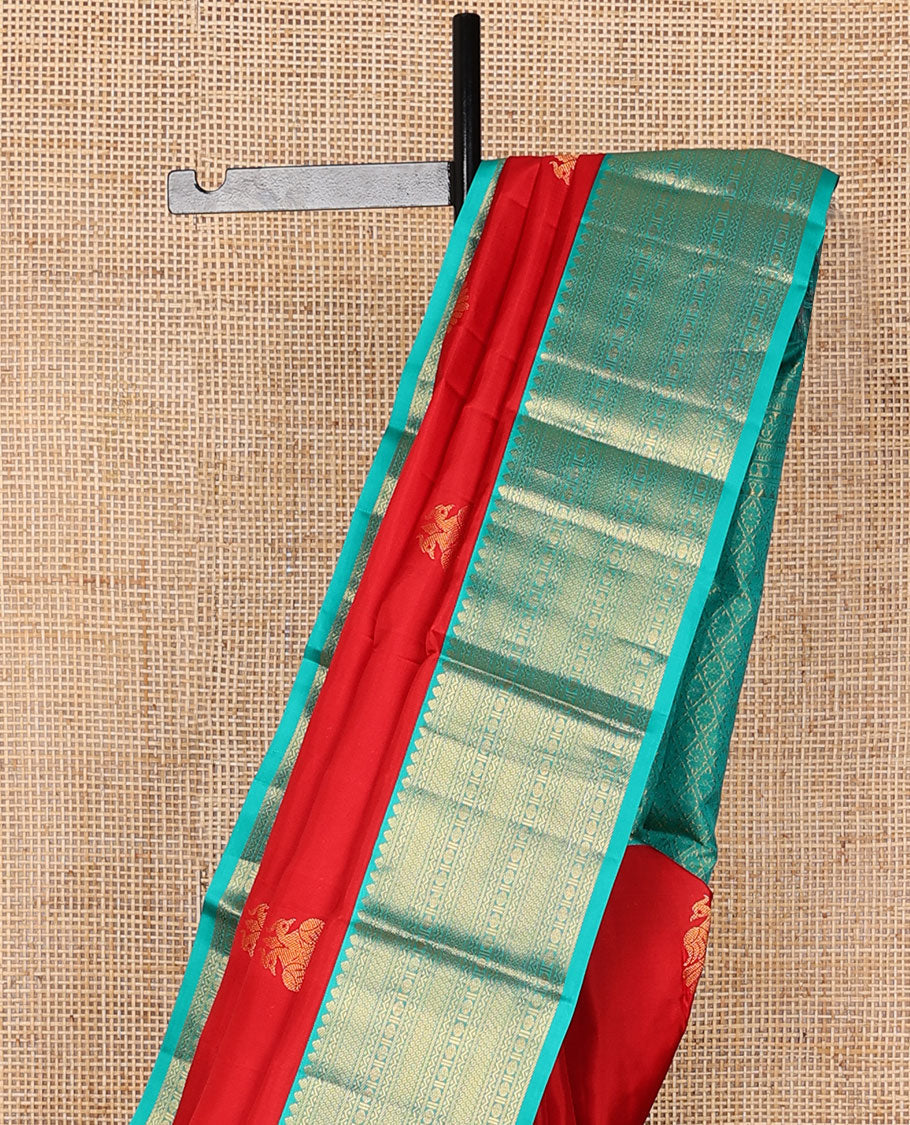 Red zari buttas silk saree, contrast jaal pallu & border of thilakam mokku, neli, then kuli kann & rudraksham designs