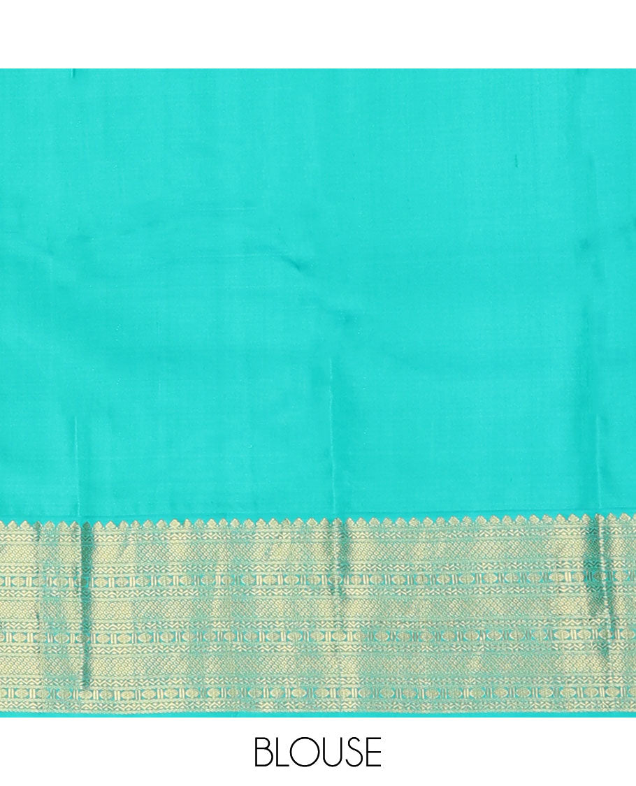 Red zari buttas silk saree, contrast jaal pallu & border of thilakam mokku, neli, then kuli kann & rudraksham designs
