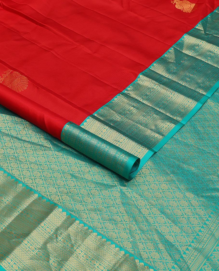 Red zari buttas silk saree, contrast jaal pallu & border of thilakam mokku, neli, then kuli kann & rudraksham designs