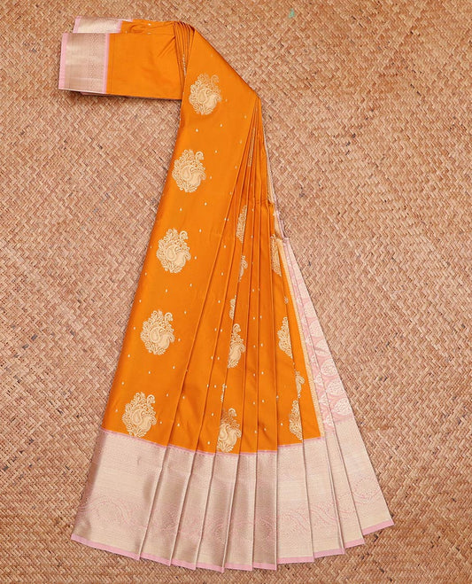 Orange zari buttas gift saree, contrast traditional zari design border, and intricate pallu