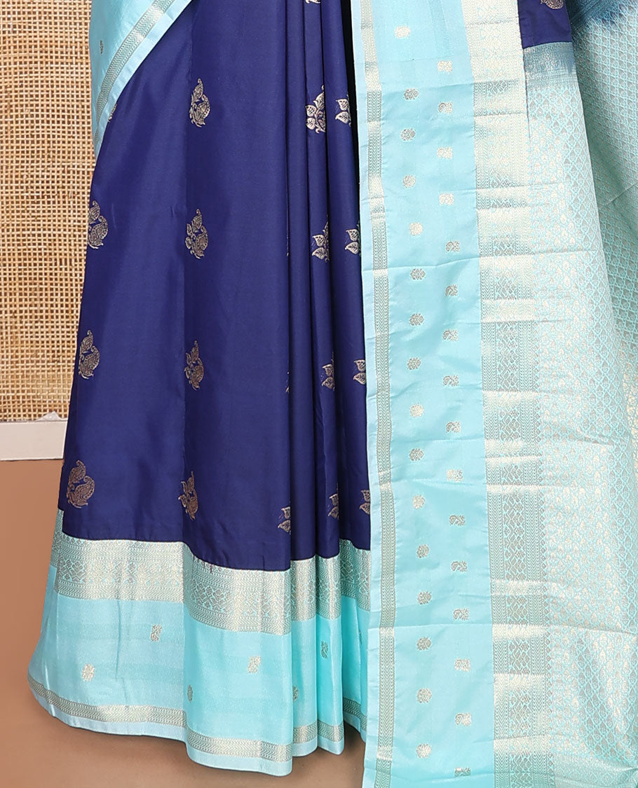 Navy blue zari buttas budget silk saree, contrast traditional zari border, and jaal pallu