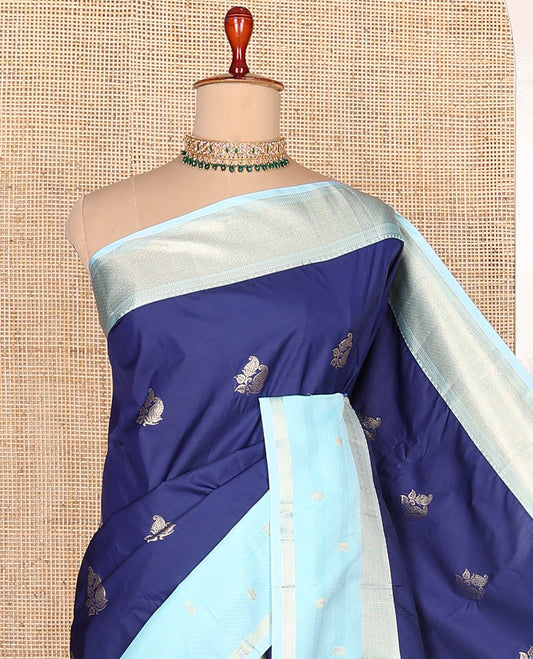 Navy blue zari buttas budget silk saree, contrast traditional zari border, and jaal pallu