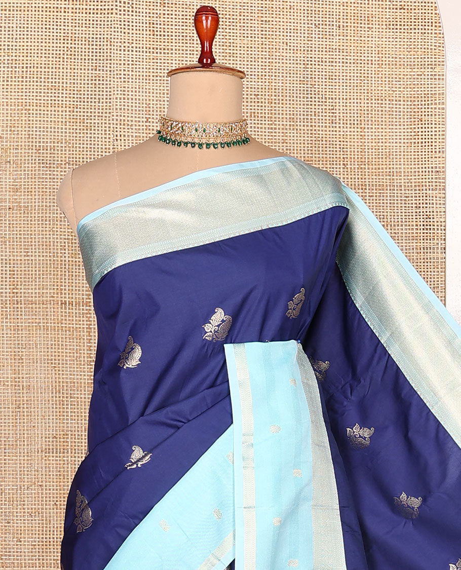 Navy blue zari buttas budget silk saree, contrast traditional zari border, and jaal pallu