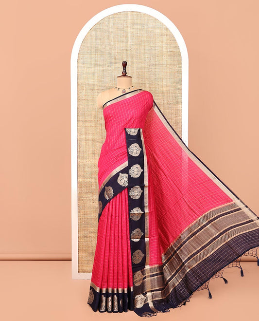 Pink  Assam Silk Saree, Decked Up with Checks, Complemented by Contrast Peacock Design Border, Zari-Striped Pallu, and a Contrast Blouse