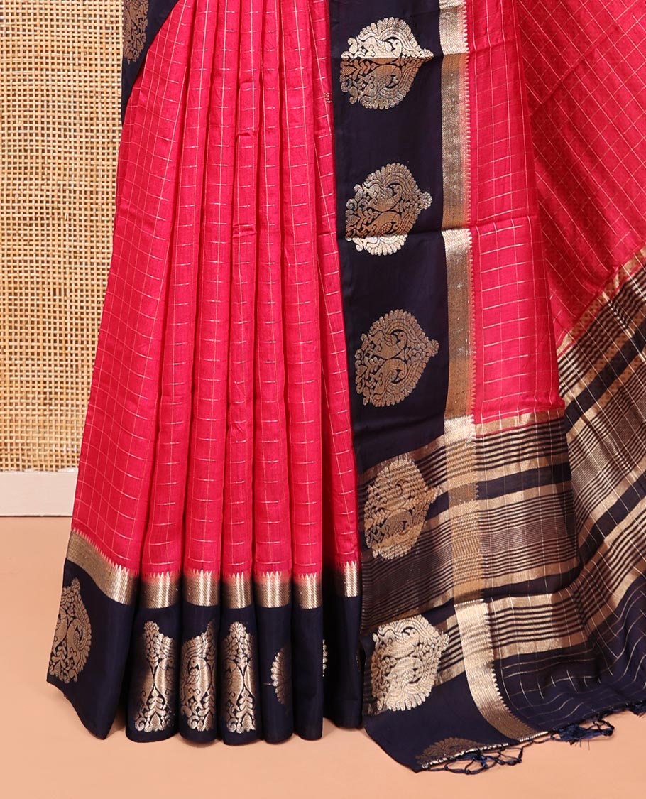 Pink  Assam Silk Saree, Decked Up with Checks, Complemented by Contrast Peacock Design Border, Zari-Striped Pallu, and a Contrast Blouse