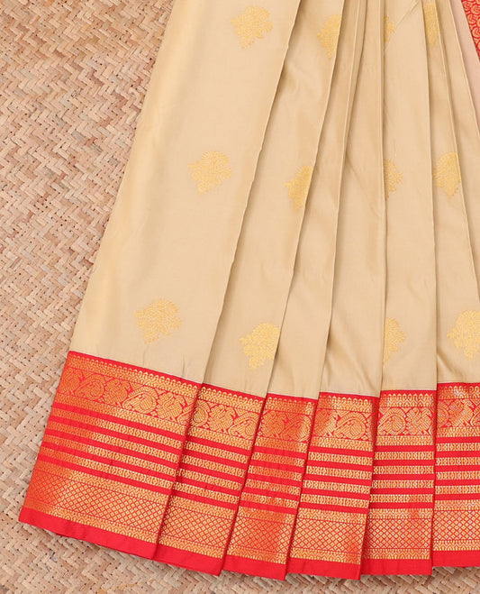 Sandal Budget Silk Saree, Woven with Zari Buttas, a Contrast Traditional Zari Border, Grand Pallu, and a Contrast Blouse