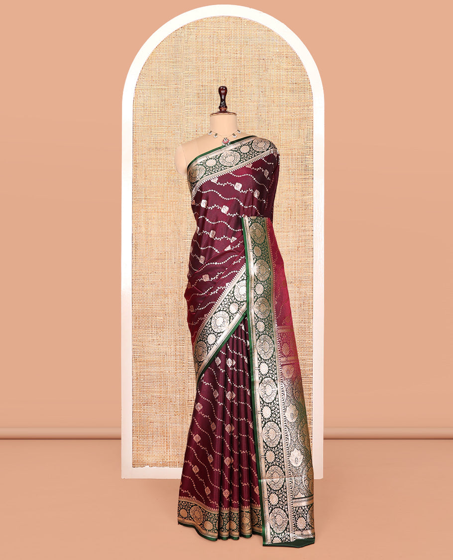 Maroon Banarasi Nylon Saree, Decorated with Diagonal Stripes, Contrast Intricate Zari Border, Intricate Pallu, and a Contrast Blouse