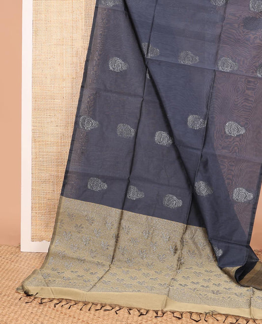Borderless elephant grey zari buttas semi-silk cotton saree, contrast floral design pallu