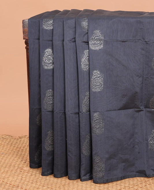 Borderless elephant grey zari buttas semi-silk cotton saree, contrast floral design pallu