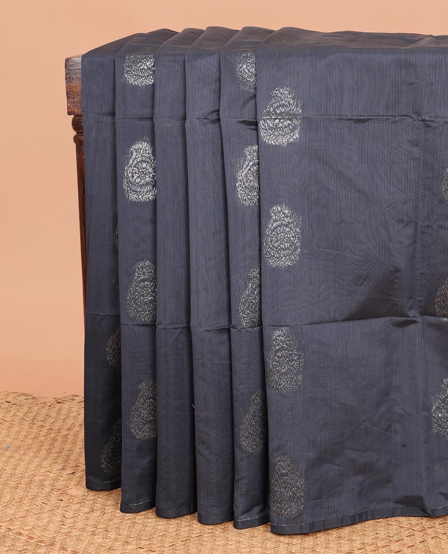 Borderless elephant grey zari buttas semi-silk cotton saree, contrast floral design pallu