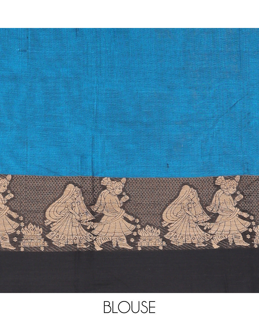 Blue plain Narayanapet cotton saree, contrast wedding themed bride-groom woven border, and striped pallu