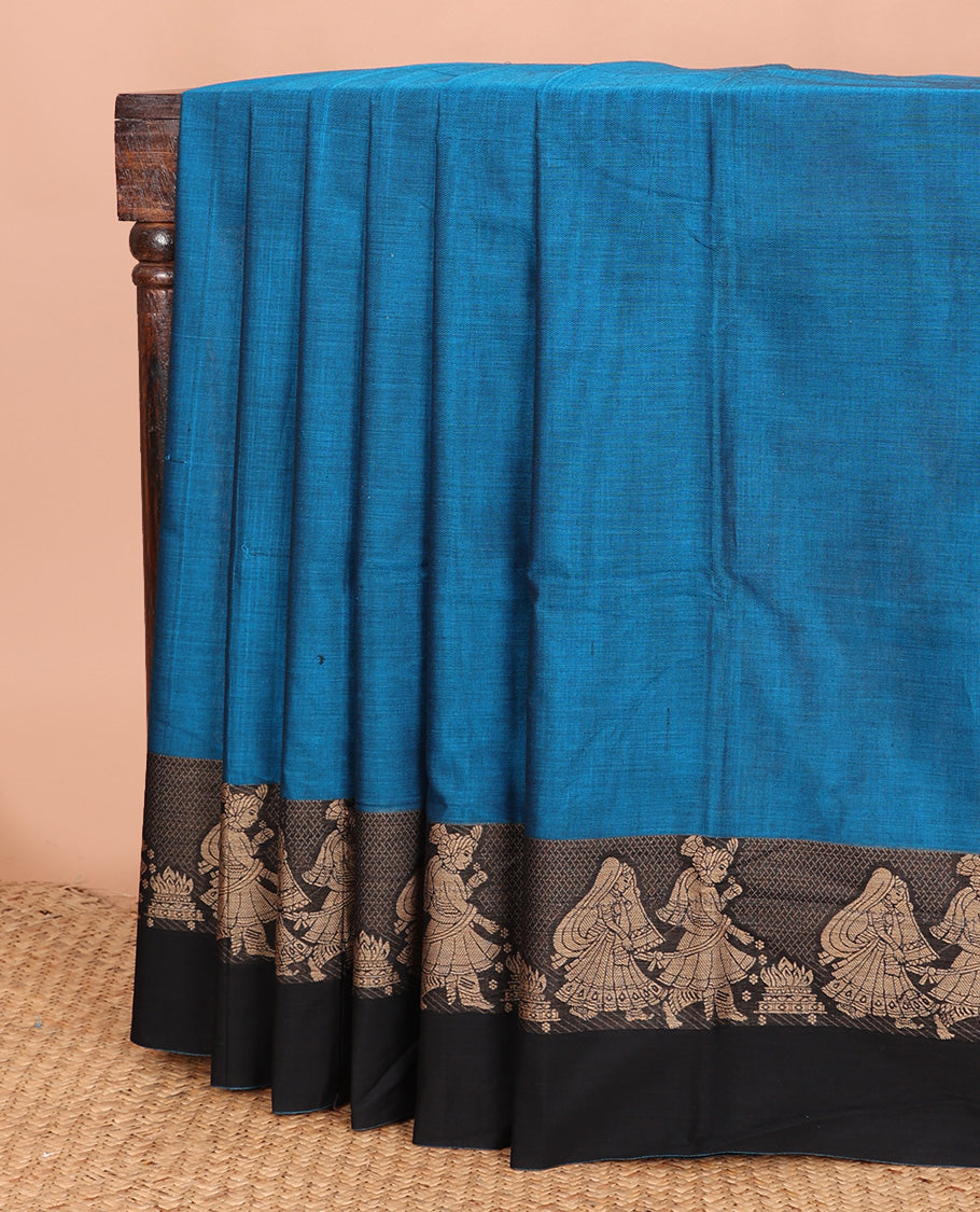 Blue plain Narayanapet cotton saree, contrast wedding themed bride-groom woven border, and striped pallu