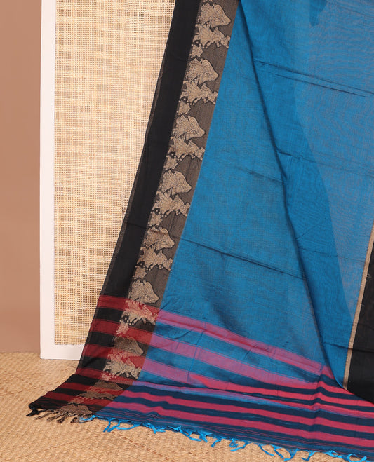 Blue plain Narayanapet cotton saree, contrast wedding themed bride-groom woven border, and striped pallu