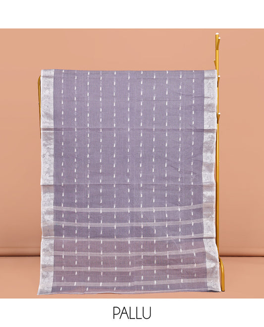 Grey Bengal Cotton Saree, Finely Crafted with Buttas All Over Its Body, Complemented by a Contrast Paisley Zari Design Border, Pallu of Stripes, and Paired with a Matching Blouse