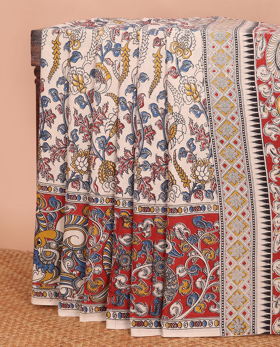 Half-white floral machine-printed kalamkari cotton saree, contarst foral-peacock printed border & pallu of peacock-geometric print