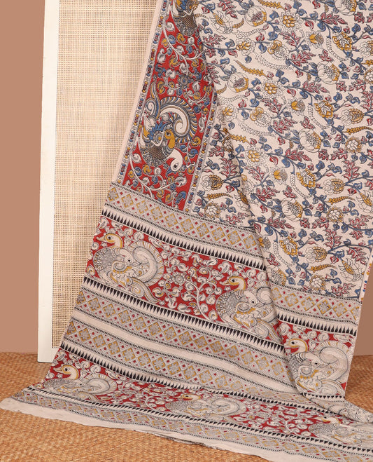 Half-white floral machine-printed kalamkari cotton saree, contarst foral-peacock printed border & pallu of peacock-geometric print