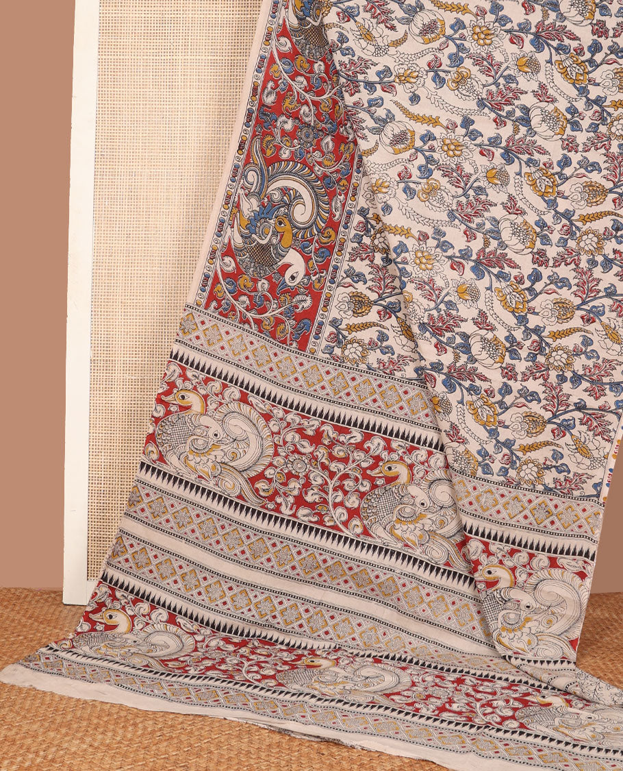 Half-white floral machine-printed kalamkari cotton saree, contarst foral-peacock printed border & pallu of peacock-geometric print
