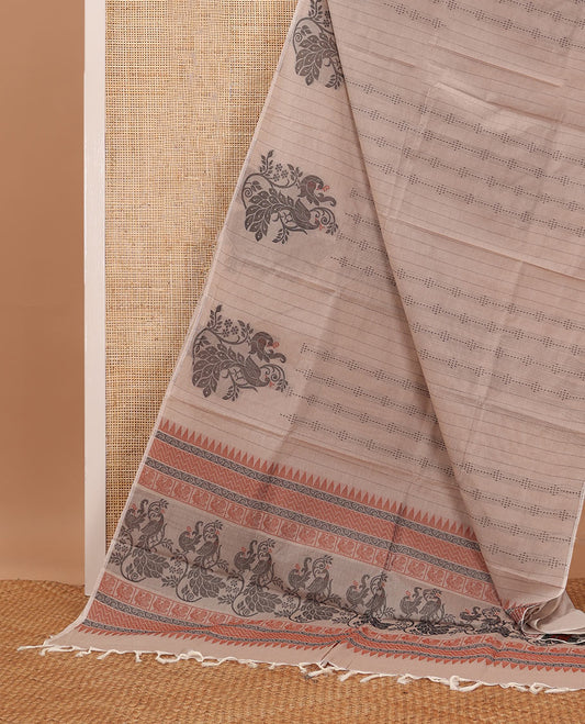 Borderless sandal buttas, stripes & peacock woven Coimbatore cotton saree, traditional motifs pallu
