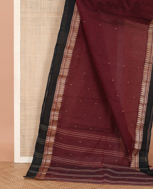 Maroon Bengal Cotton Saree, Detailed with Buttas All Over Its Body, Complemented by Contrast Temple Design Border, and Pallu Steeped with Stripes