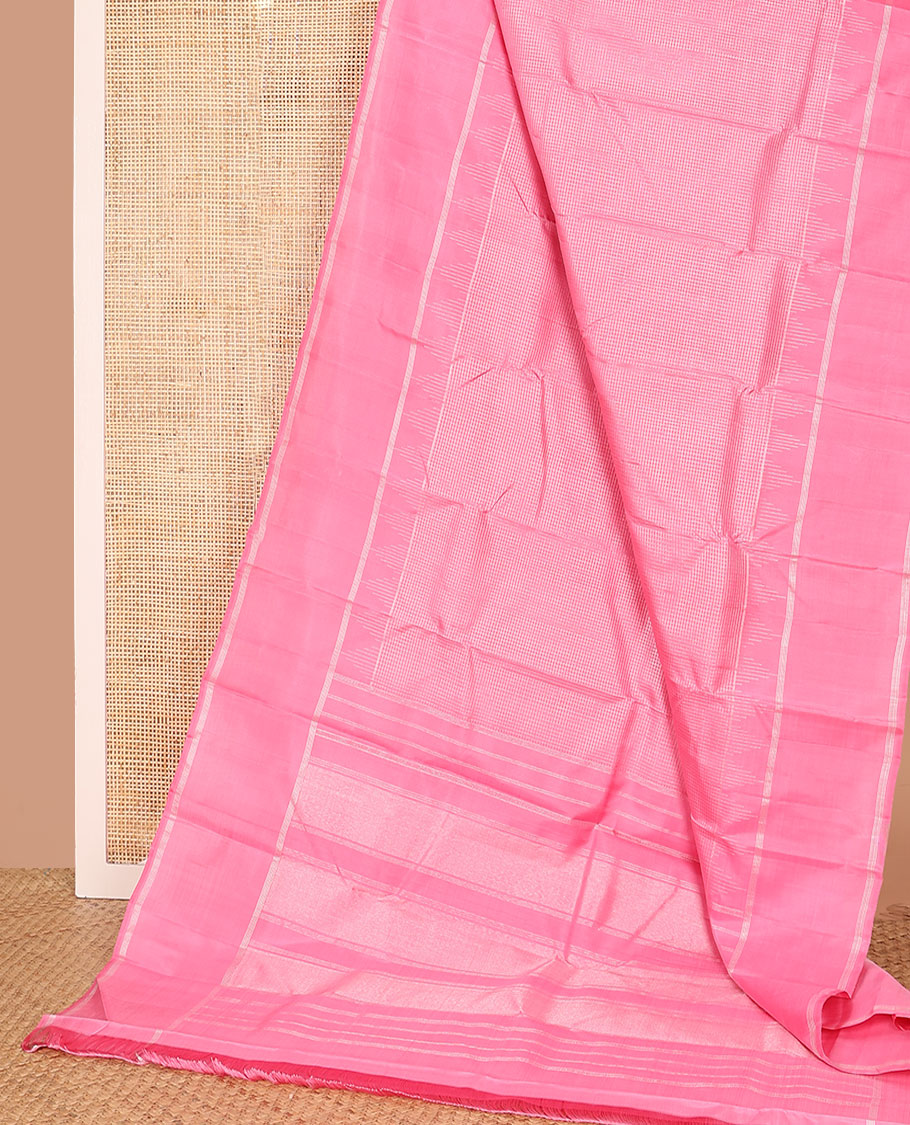 Pink zari checked Kanchipuram silk saree,  zari temple border of stripes, and zari design pallu
