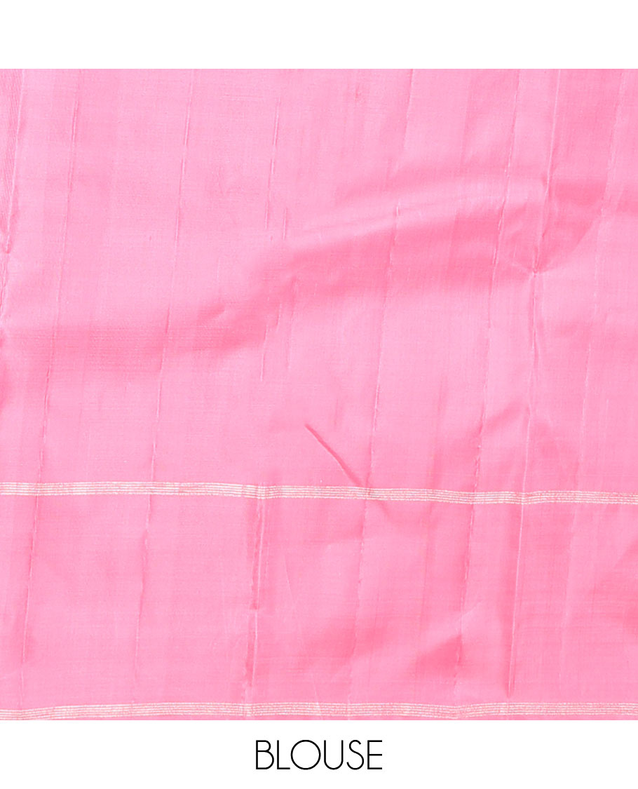 Pink zari checked Kanchipuram silk saree,  zari temple border of stripes, and zari design pallu