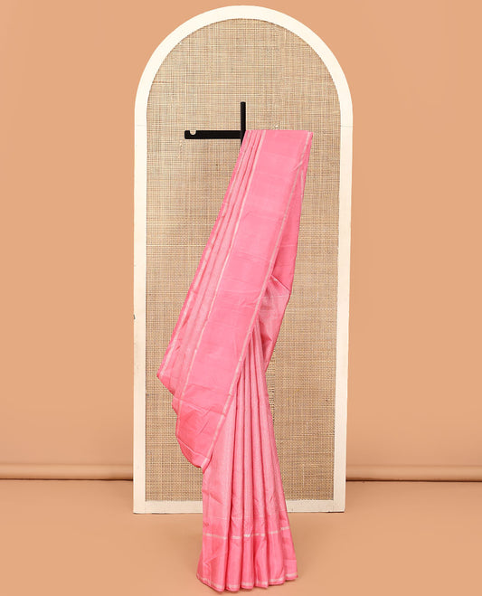 Pink zari checked Kanchipuram silk saree,  zari temple border of stripes, and zari design pallu