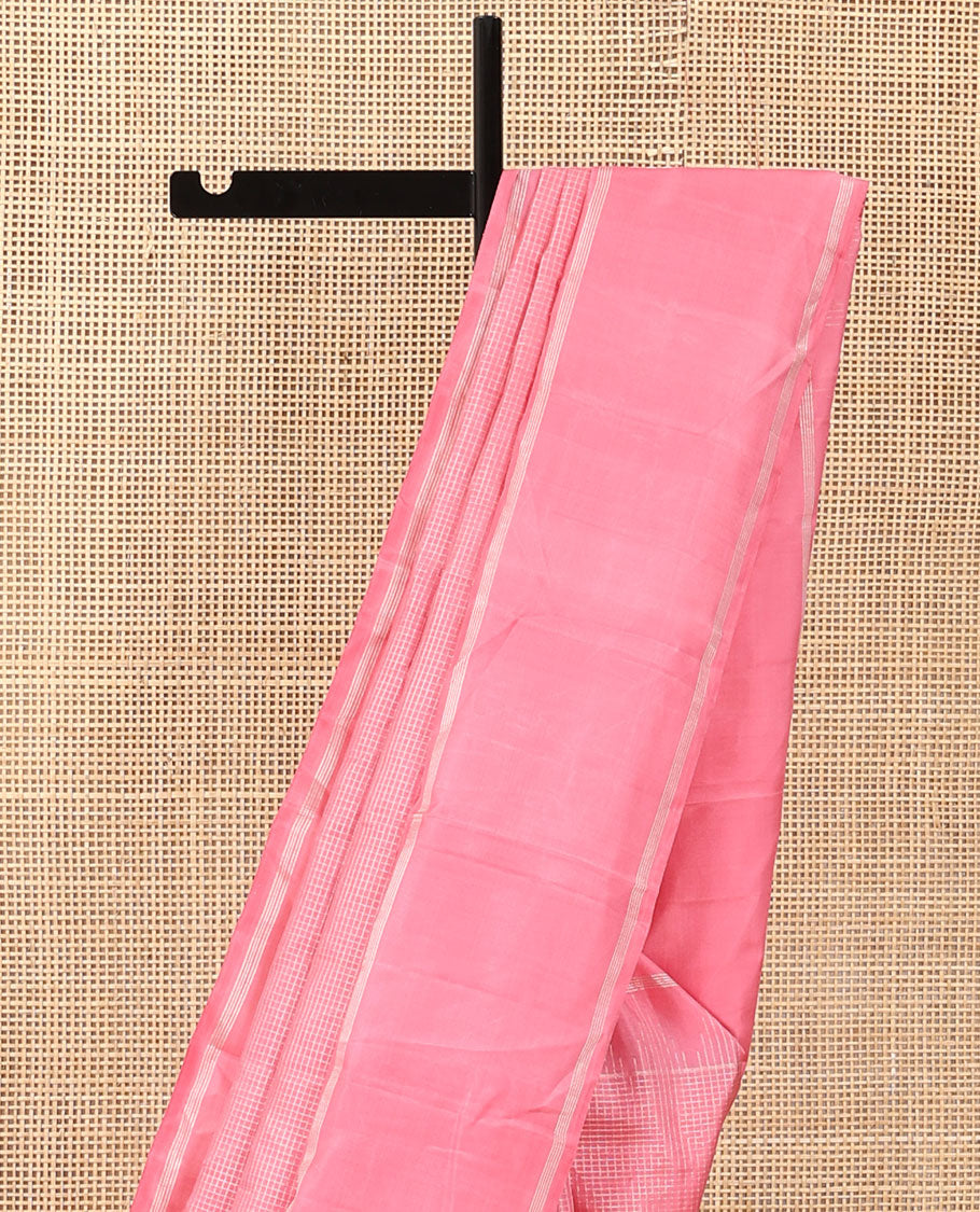 Pink zari checked Kanchipuram silk saree,  zari temple border of stripes, and zari design pallu