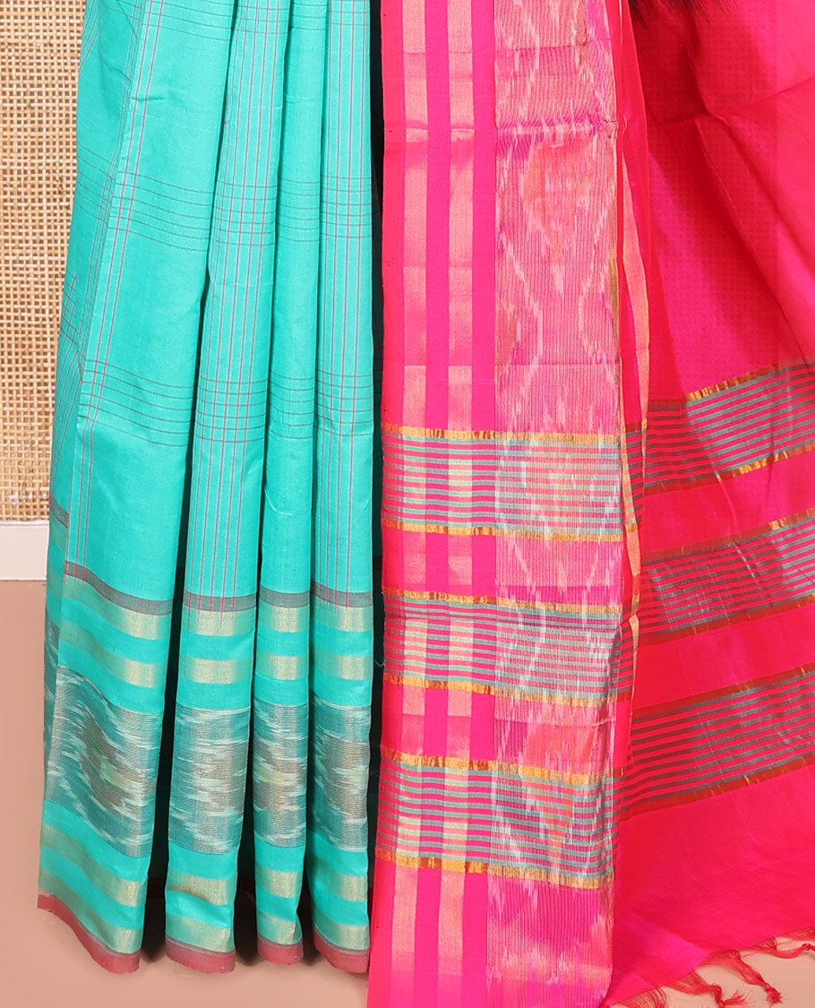 Turquoise Kuppadam Cotton Saree, Subtly Sparkled with Checked Designs on Its Body, Highlighted by Ikkat-Textured Border, Complemented by Contrast Pallu, and Paired with a Contrast Blouse