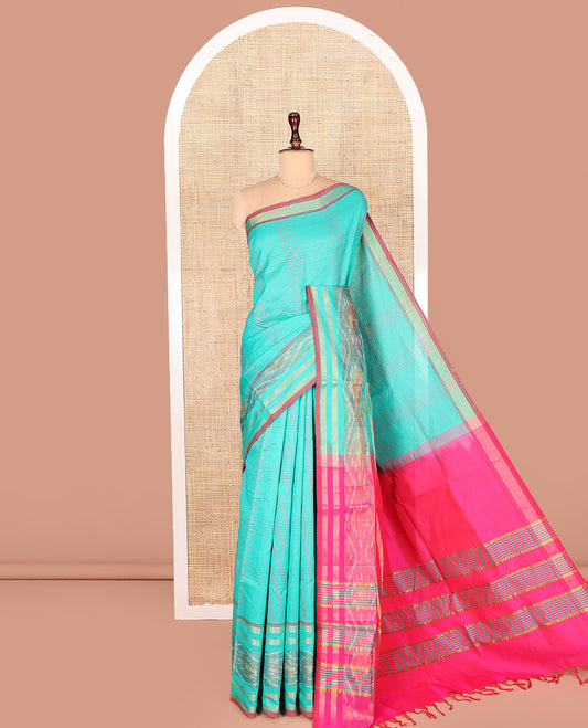 Turquoise Kuppadam Cotton Saree, Subtly Sparkled with Checked Designs on Its Body, Highlighted by Ikkat-Textured Border, Complemented by Contrast Pallu, and Paired with a Contrast Blouse