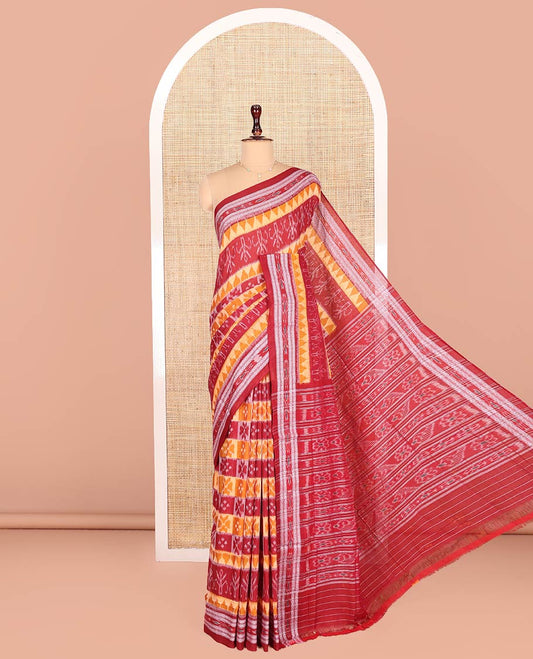 Red Odisha Cotton Saree, Elevated with Butta Enclosed Checks and Temple Designs All Over the Body, Subtly Woven Border, Pallu Depicts Geometric Patterns, and Has No Blouse