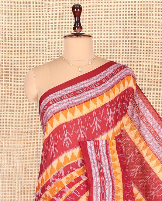 Red Odisha Cotton Saree, Elevated with Butta Enclosed Checks and Temple Designs All Over the Body, Subtly Woven Border, Pallu Depicts Geometric Patterns, and Has No Blouse