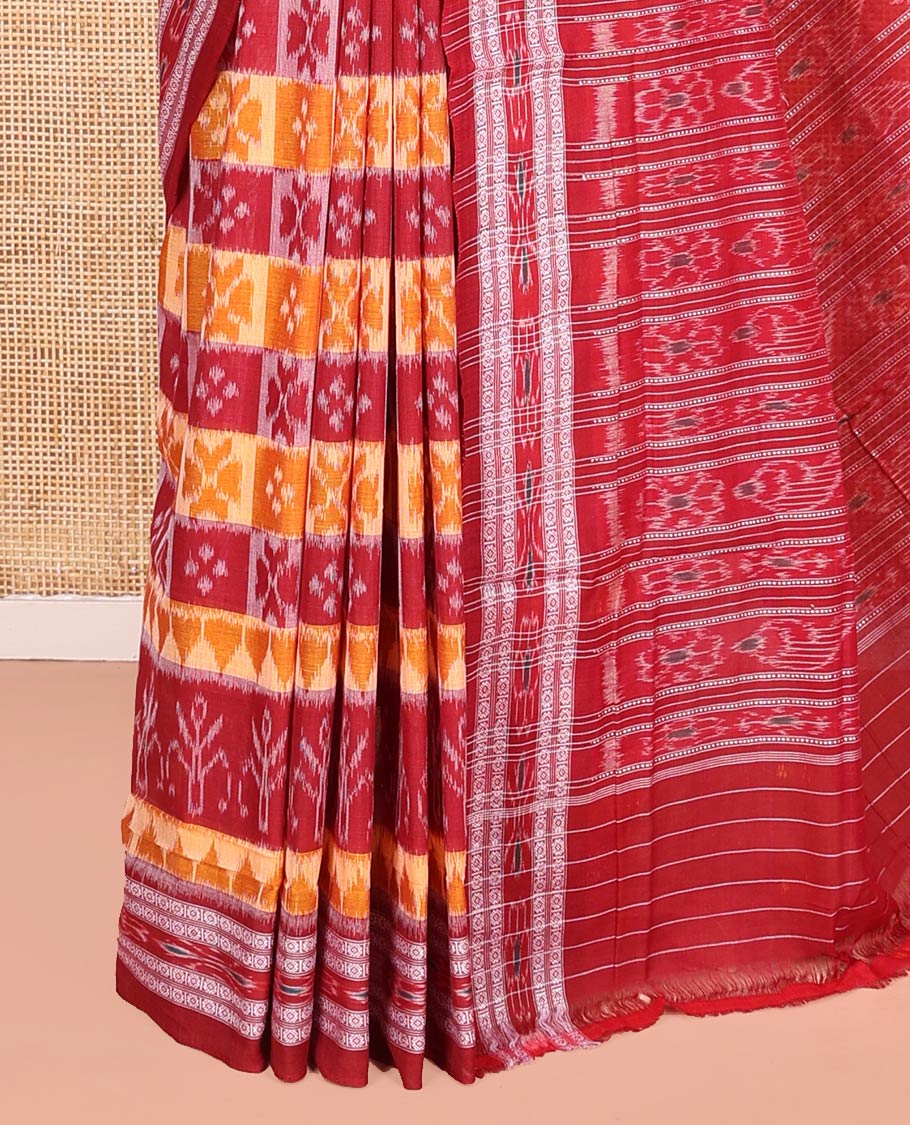 Red Odisha Cotton Saree, Elevated with Butta Enclosed Checks and Temple Designs All Over the Body, Subtly Woven Border, Pallu Depicts Geometric Patterns, and Has No Blouse