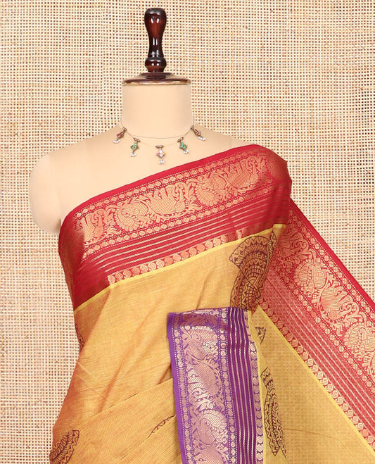 Mustard Chettinad Cotton Saree, Adorned with Geometric Buttas, a Contrast Ganga-Jamuna Traditional Border, No Blouse