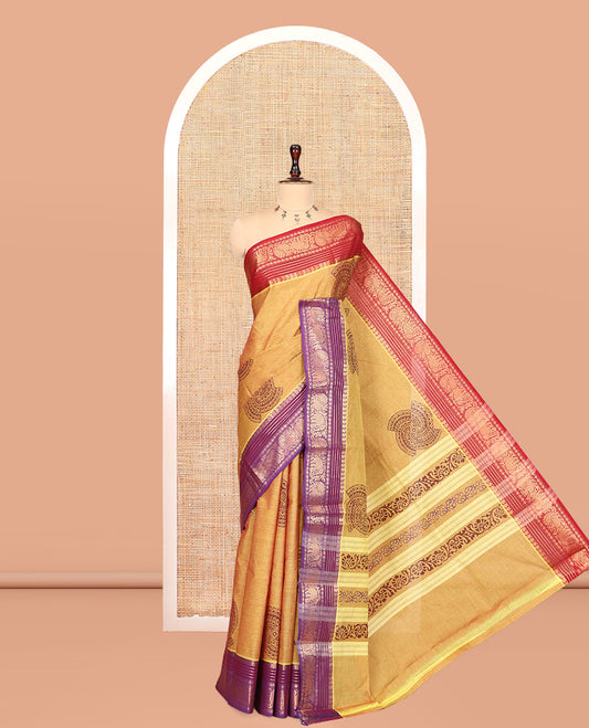 Mustard Chettinad Cotton Saree, Adorned with Geometric Buttas, a Contrast Ganga-Jamuna Traditional Border, No Blouse