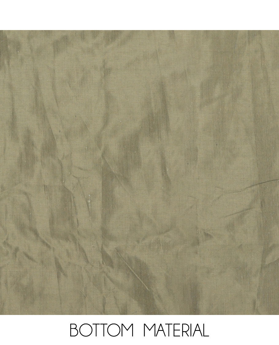 Green material chudidar set, patch embroidered top, plain bottom, and contrast floral printed dupatta