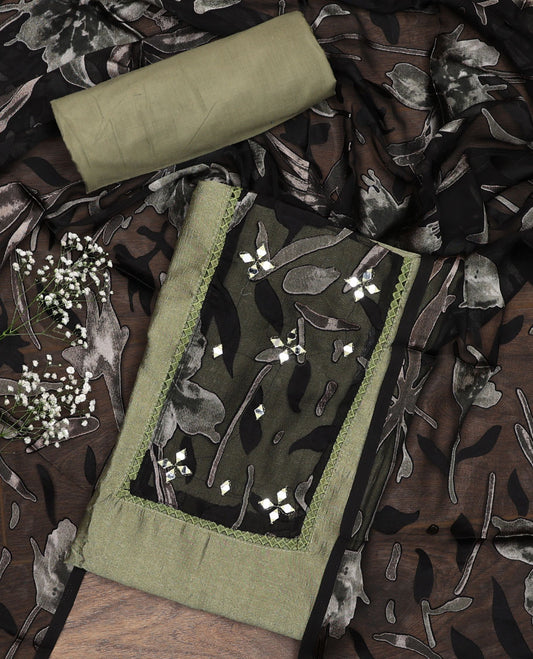 Green material chudidar set, patch embroidered top, plain bottom, and contrast floral printed dupatta