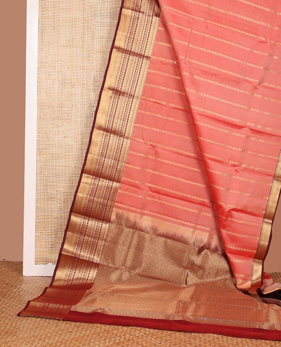 Peach zari stripes Vasundhara silk mix saree, contrast traditional scallop zari border, and jaal pallu
