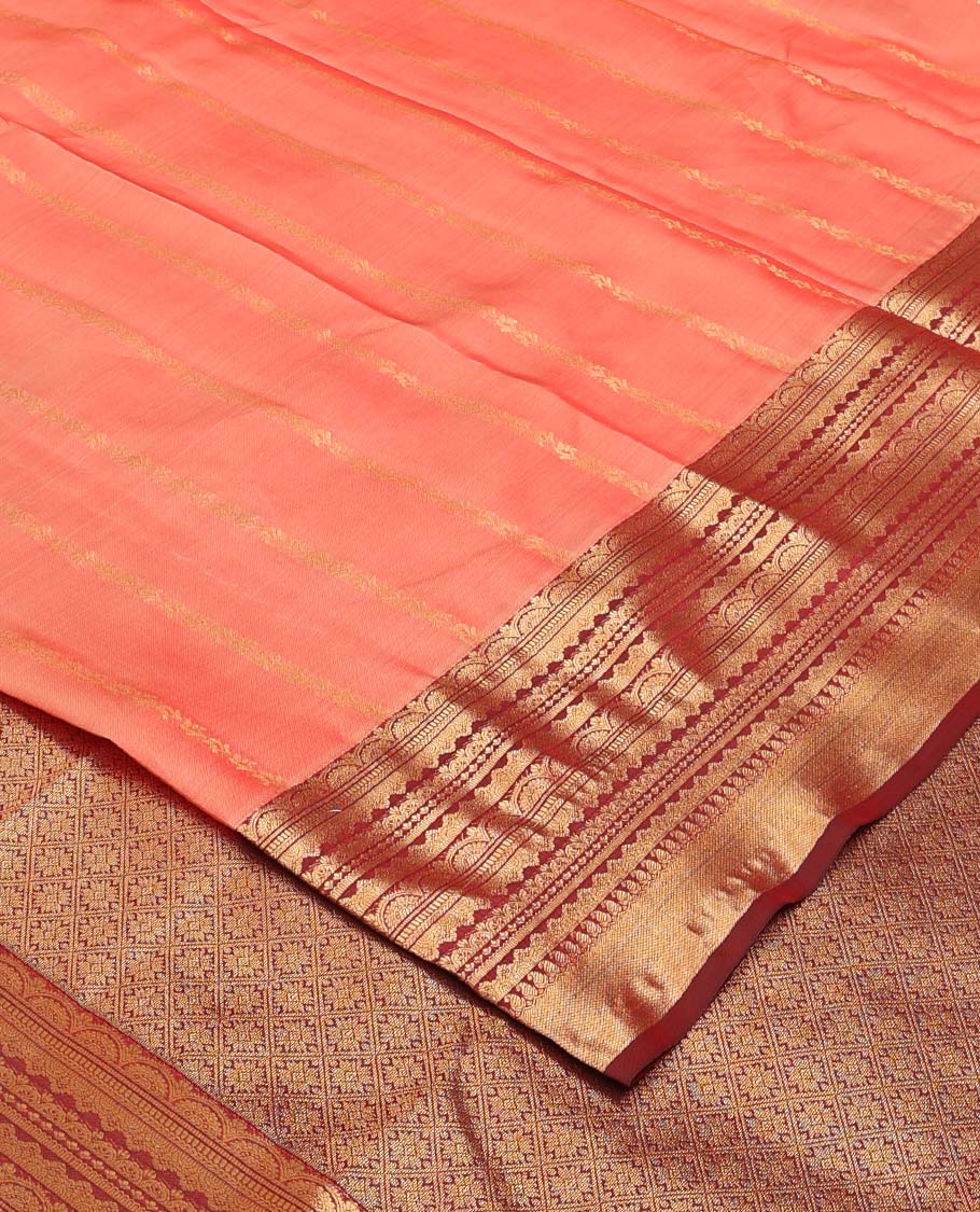 Peach zari stripes Vasundhara silk mix saree, contrast traditional scallop zari border, and jaal pallu