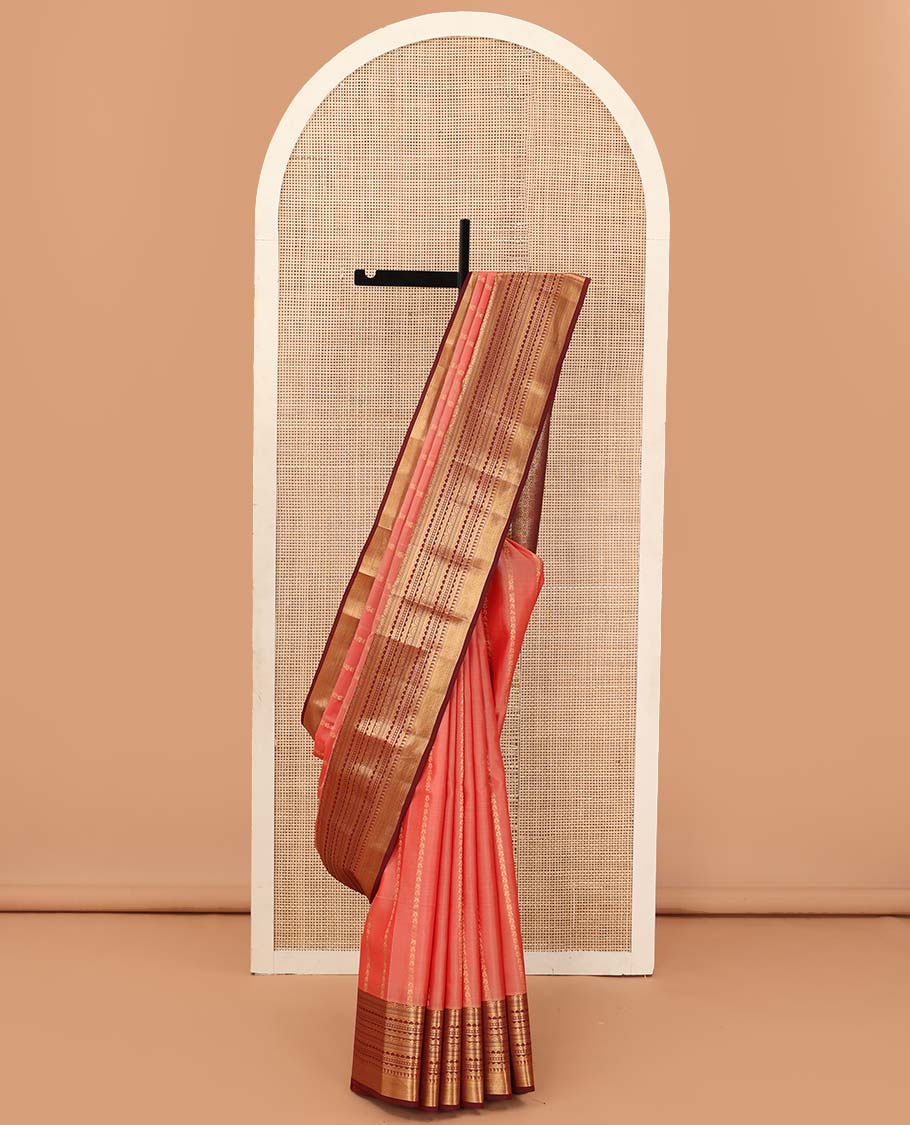 Peach zari stripes Vasundhara silk mix saree, contrast traditional scallop zari border, and jaal pallu